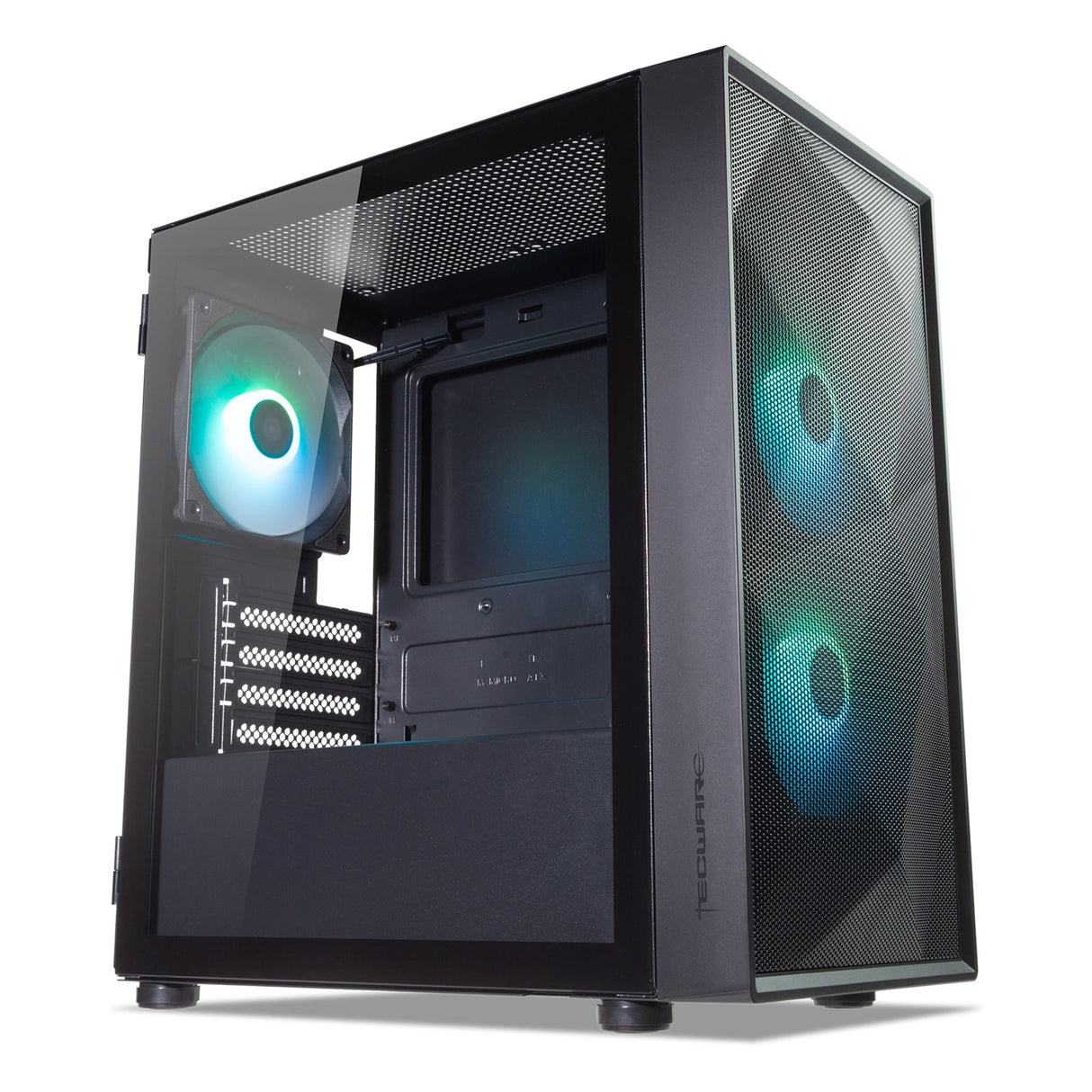 TecWare Forge M2 mATX PC Case, Compact High Airflow Mesh Front Panel, 3 x ARGB Fans Included, Hinged Tempered Glass Door, Supports 240mm Radiator, mATX/ITX, Black