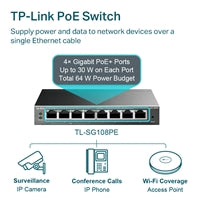 TP-Link TL-SG108PE 8-Port Metal Gigabit Easy Smart Switch with 4-Port PoE+ (64W)
