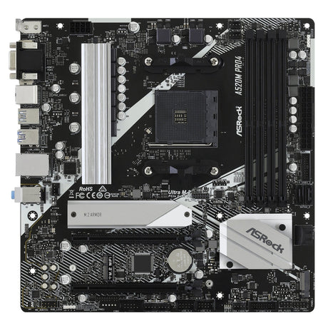 ASRock A520M PRO4 Super Alloy AMD AM4 Socket Motherboard, Micro-ATX, 4x DDR4 Slots, 1x M.2 Socket, GbE LAN, 1x D-Sub / 1x DisplayPort / 1x HDMI Port