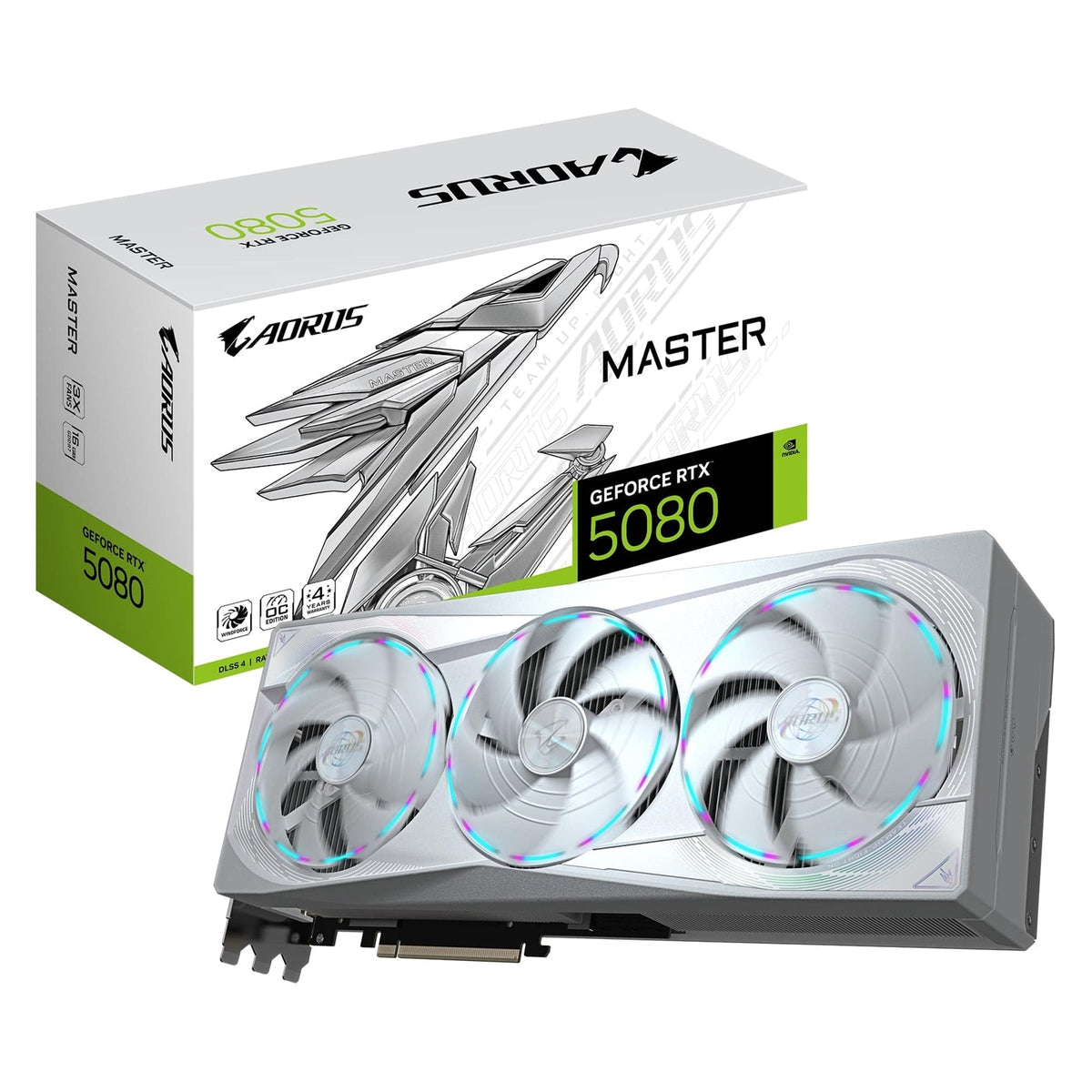 Gigabyte NVIDIA GeForce RTX 5080 AORUS MASTER ICE 16GB GDDR7 Graphics Card, 10752 CUDA Cores, 2805 MHz Core Clock, Triple Fan, White, RGB, 3x DisplayPorts / 1x HDMI Port